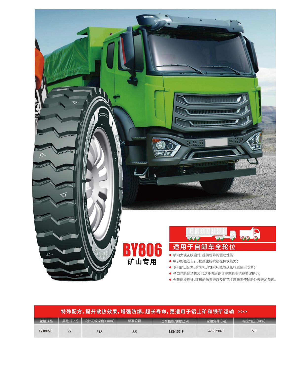 BY806 12.00R20 mining dump truck tire — factory data sheet with load table